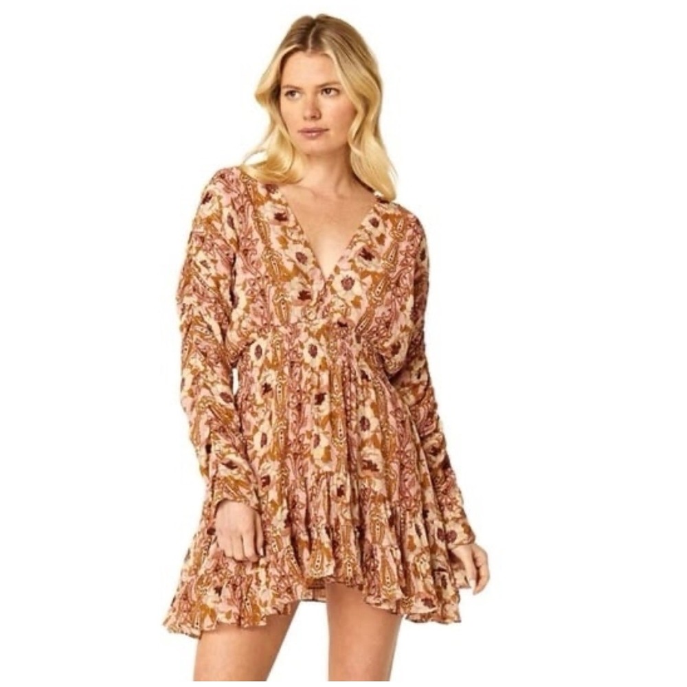 MISA Los Angeles Pink Floral Paisley Metallic Smocked Mini Dress Womens Size S